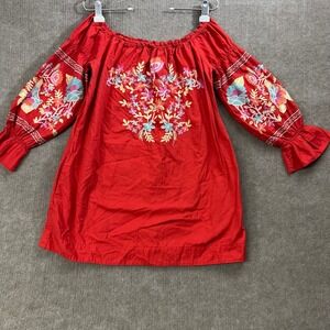 Free People Red Embroidered Off Shoulder Dress Bohemian Boho Milkmaid Size‎ S